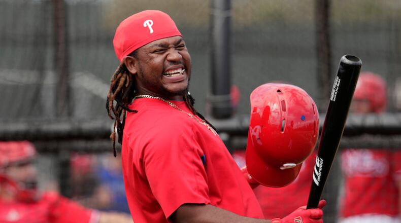 Philadelphia Phillies' Maikel Franco laughs during batting practice at baseball spring training camp, Tuesday, Feb. 20, 2018, in Clearwater, Fla. (AP Photo/Lynne Sladky)
