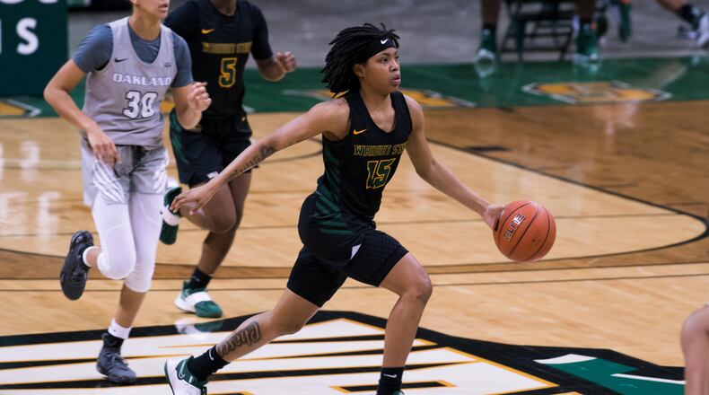 Wright State's Angel Baker (15) during a game vs. Oakland earlier this season. Joseph Craven/Wright State Athletics
