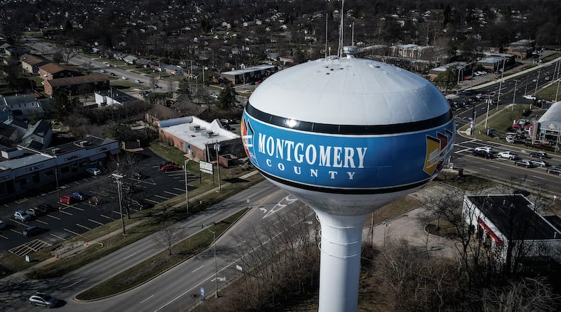 This is an aerial of the Montgomery County water tank near the intersection of East Stroop Road and East Dorothy Lane in Kettering Ohio. JIM NOELKER/STAFF