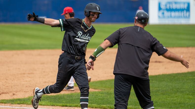 Wright State University junior Will Cook, a Miamisburg grad, celebrates after hitting a home run during their game on Friday, May 2 at Youngstown State University. The Raiders swept the three-game series against the Penguins, clinching the Horizon League regular season title. Jordan Wommack/CONTRIBUTED PHOTO