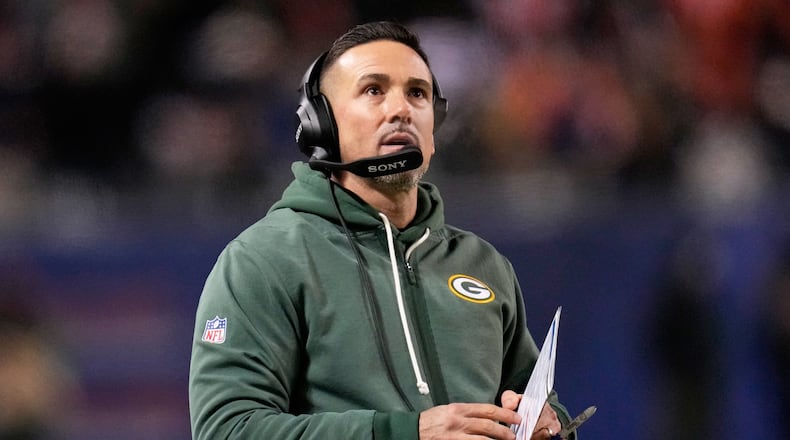 Green Bay Packers head coach Matt LaFleur reacts during the first half of an NFL wild-card playoff football game against the Chicago Bears Saturday, Jan. 10, 2026, in Chicago. (AP Photo/Erin Hooley)