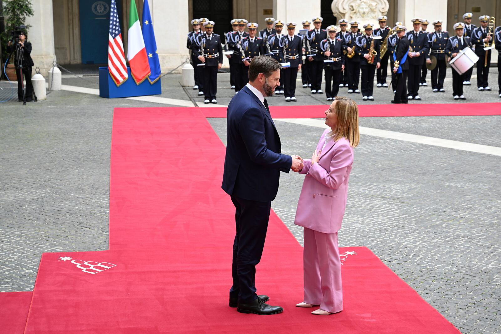 U.S. Vice President JD Vance meets with Italian Prime Minister Giorgia Meloni at Chigi Palace in Rome, Italy, Friday April 18, 2025. (Kenny Holston/The New York Times via AP, Pool)