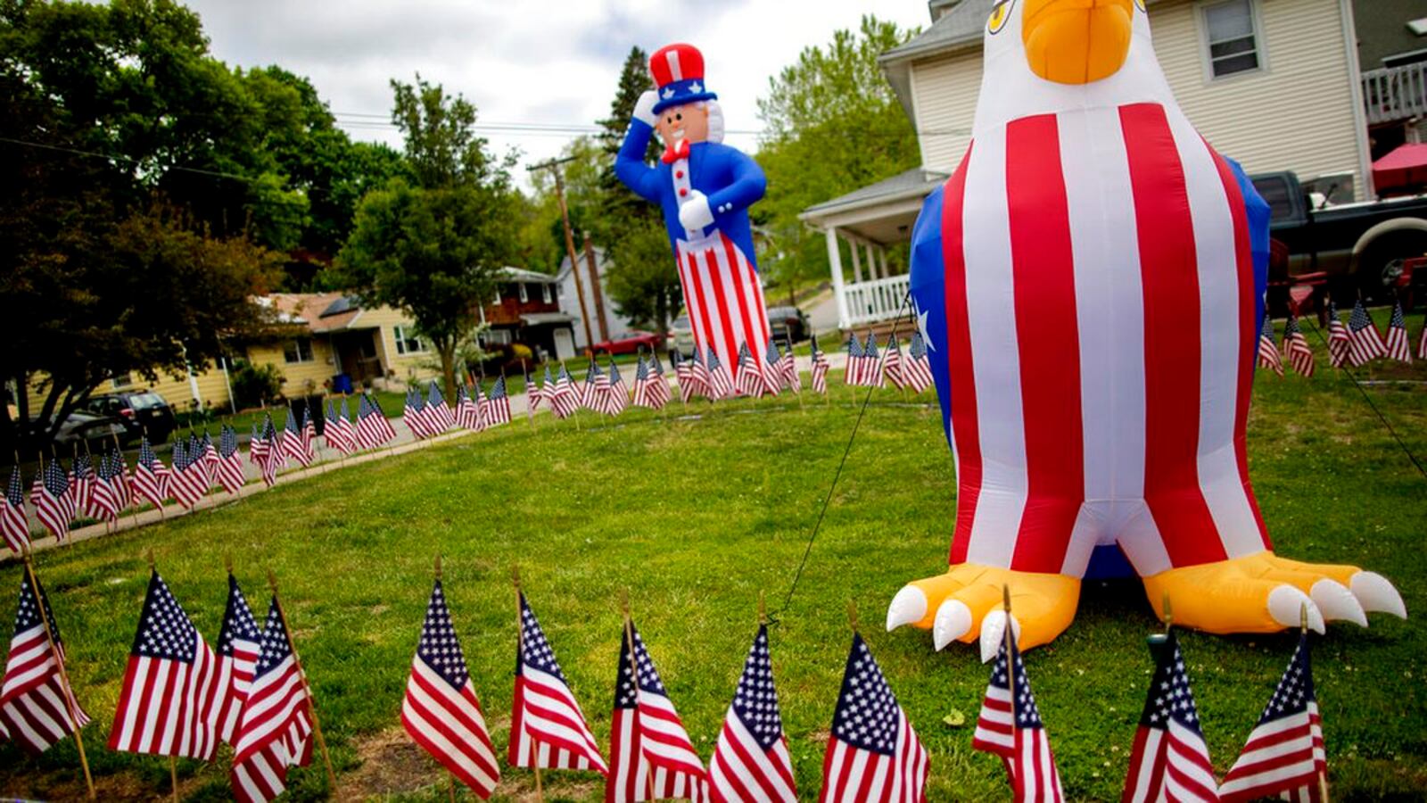 A home is adorned with patriotic decorations in honor of Memorial Day, Friday, May 22, 2020, in Boonton, N.J.