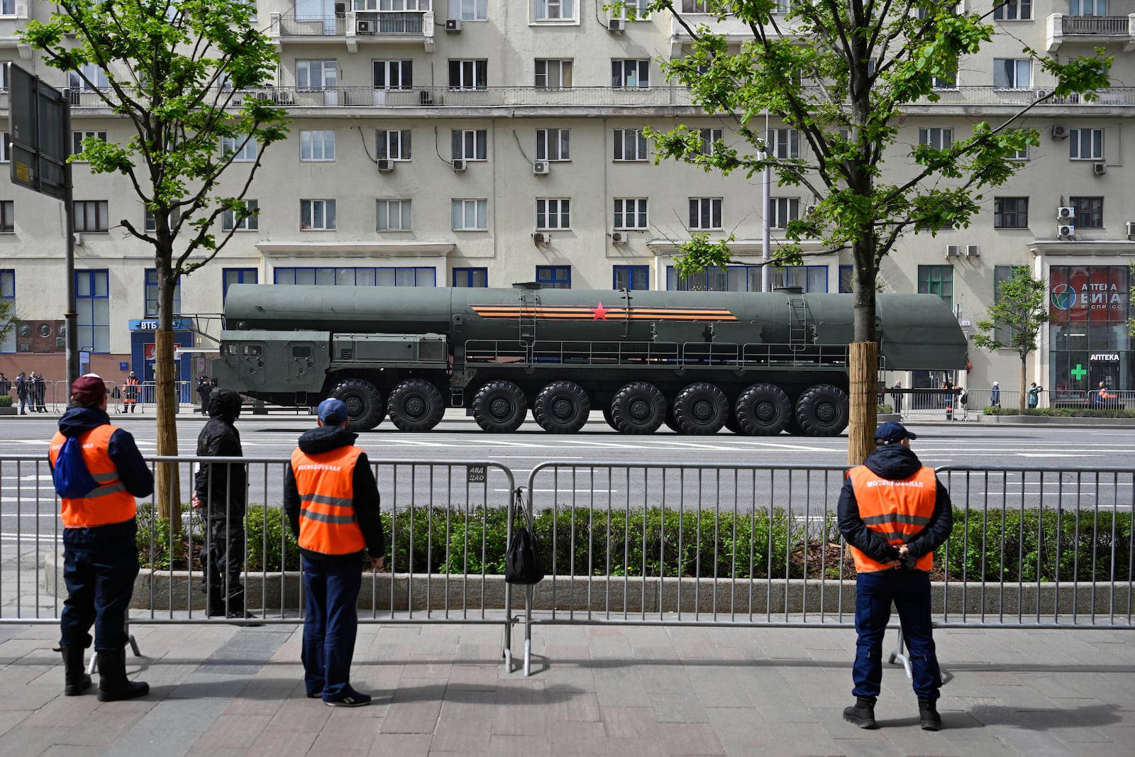 A Russian RS-24 Yars ballistic missile launcher rolls along the Garden Ring after the Victory Day military parade general rehearsal in Moscow, Russia, Wednesday, May 7, 2025. (AP Photo/Dmitry Serebryakov)