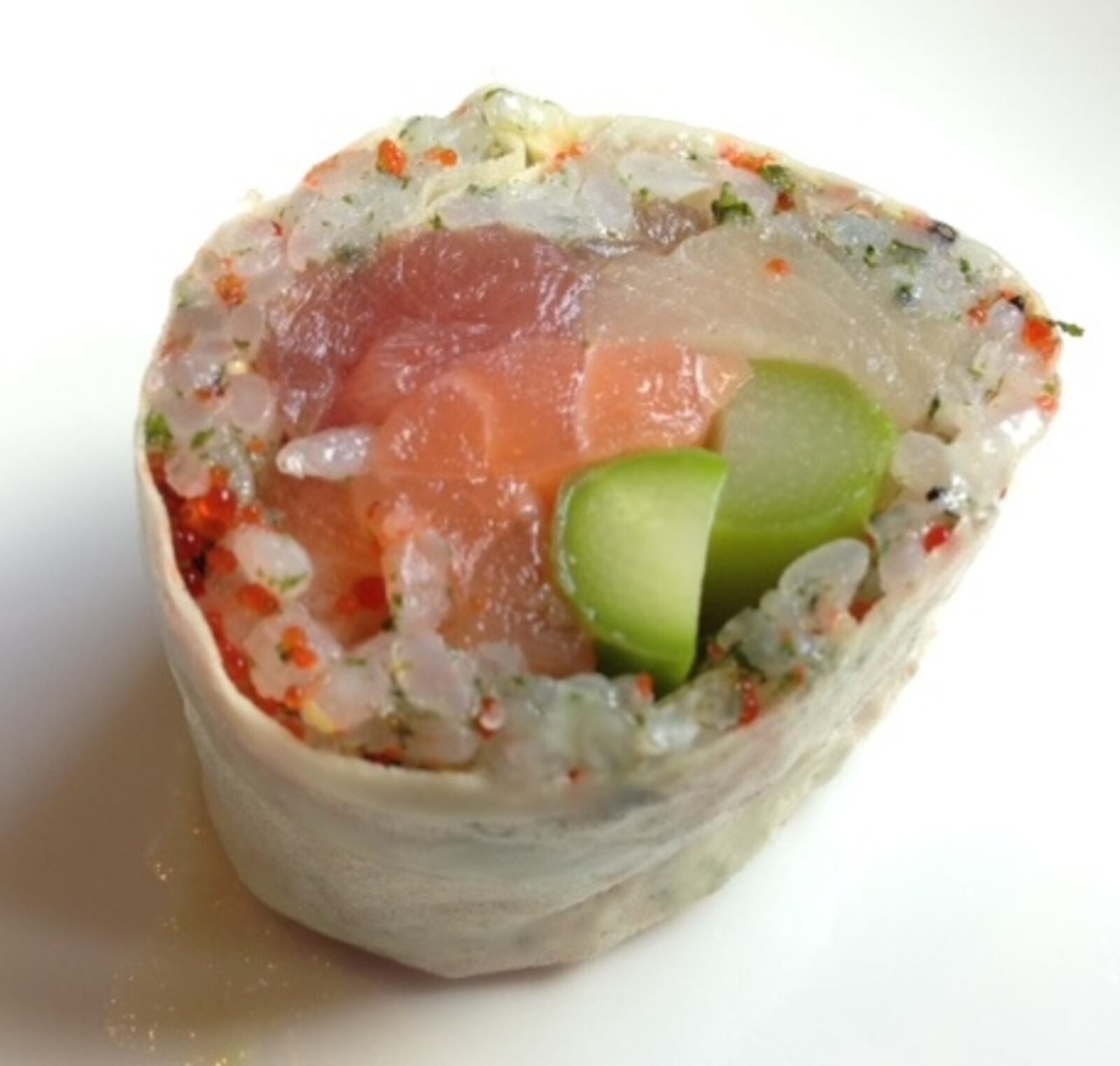Sky Asian Cuisine’s 5th Ave. roll, consisting of salmon, tuna, yellowtail, asparagus, tobiko and dried seaweed wrapped with soybean nori and topped with wasabi olive sauce. MARK FISHER/STAFF