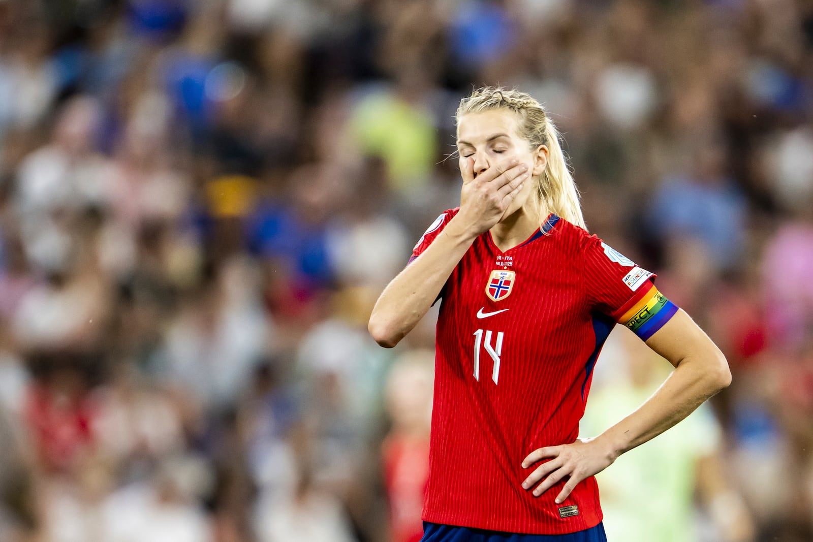 Norway's Ada Hegerberg reacts after missing a penalty shot against during the Women's Euro 2025 quarterfinals soccer match between Norway and Italy at Stade de Geneve in Geneva, Switzerland, Wednesday, July 16, 2025. (Jean-Christophe Bott/Keystone via AP)