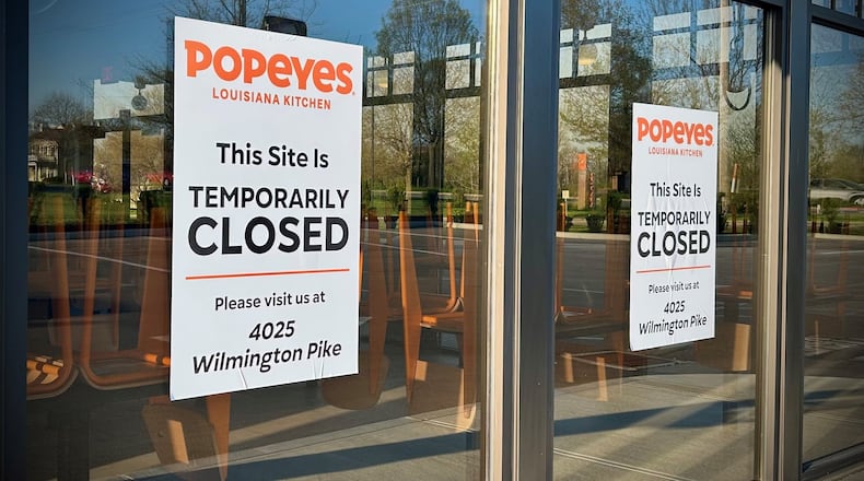 The Popeyes restaurant at 6242 Wilmington Pike near Miami Valley Hospital South in Sugarcreek Twp. has “temporarily closed” its doors, according to a sign posted at the site. NATALIE JONES/STAFF