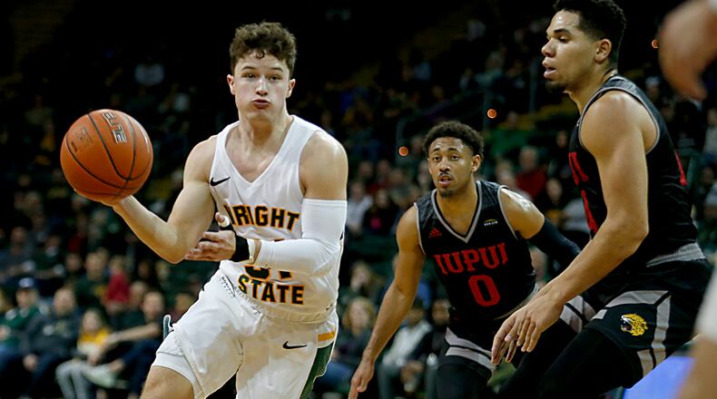 Wright State University guard Cole Gentry drives to the hoop against IUPUI during their Horizon League game at the Nutter Center in Fairborn Sunday, Feb. 16, 2020. Wright State won 106-66. Contributed photo by E.L. Hubbard