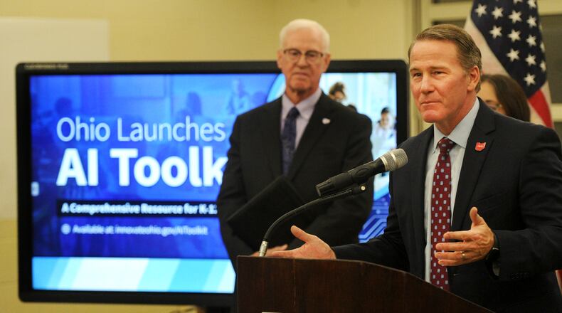 Ohio Lt. Governor Jon Husted hosted a press conference at Northmont High School Thursday, Feb. 15, 2024 to unveil a new resource that aims to help Ohio school districts implement artificial intelligence in the classroom so students can be better prepared for jobs in the modern economy. MARSHALL GORBY\STAFF
