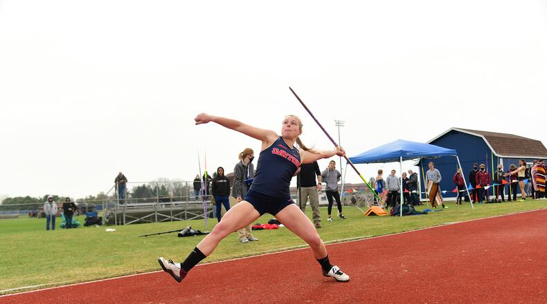 Dayton's Casey Bogues competes in the javelin. Photo by Erik Schelkun