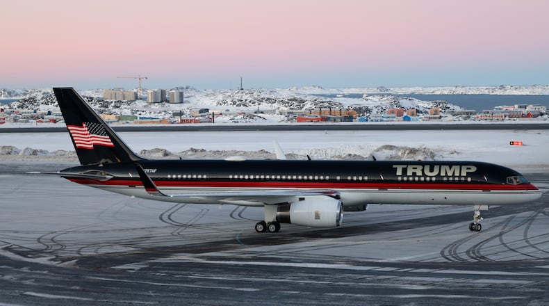FILE - A plane carrying Donald Trump Jr. lands in Nuuk, Greenland, Tuesday, Jan. 7, 2025. (Emil Stach/Ritzau Scanpix via AP, file)