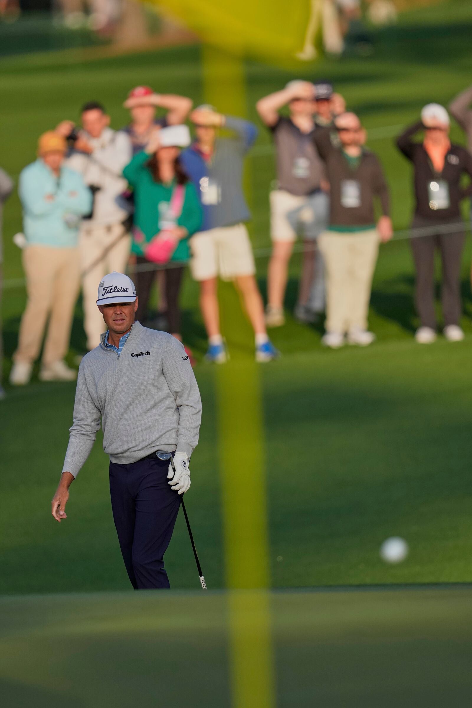 Patton Kizzire chips to the green on the second hole during the first round at the Masters golf tournament, Thursday, April 10, 2025, in Augusta, Ga. (AP Photo/George Walker IV)