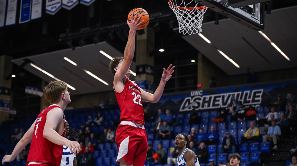 Miami’s Brant Byers goes up for a shot against UNC Asheville on Wednesday night. MIAMI ATHLETICS PHOTO