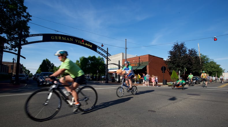 The Great Ohio Bicycle Adventure (GOBA) will ride through Butler County next week as part of the group’s 35th Anniversary tour. The tour will kick-off this weekend and run through June 22. Photo from 2016 GOBA in downtown Hamilton. GAYLON WAMPLER/CONTRIBUTED