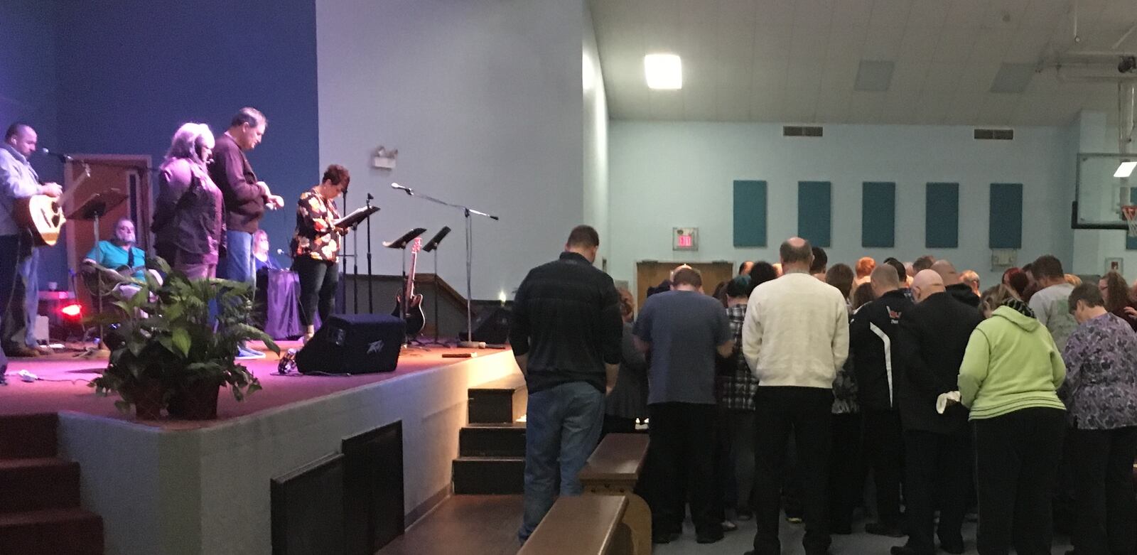 Dozens gather to pray Sunday, April 8, 2018, at Xenia Grace Chapel for 14-year-old Abby Montgomery who is battling a rare form of cancer.