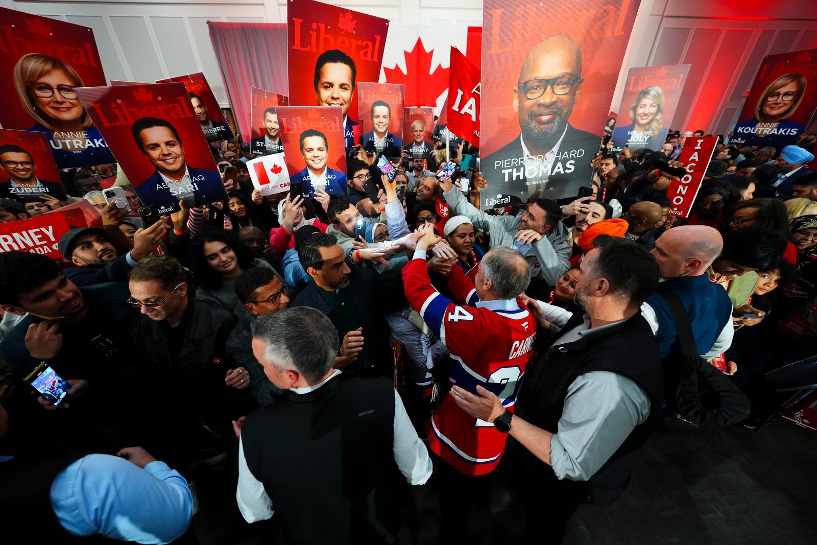Liberal leader Prime Minister Mark Carney holds a rally in Laval, Quebec, Tuesday, April 22, 2025. (Sean Kilpatrick/The Canadian Press via AP)