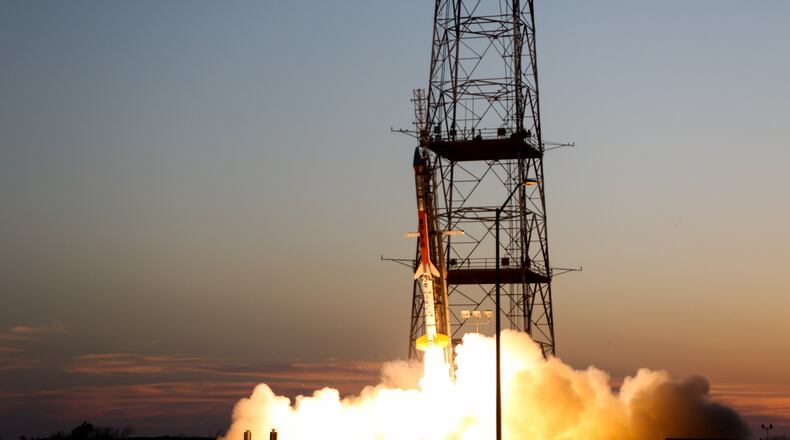 AFRL/AFOSR BOLT II Rocket launching from NASA/Wallops Flight Facility on March 21, 2022. (NASA/Wallops photo/Brian Bonsteel)