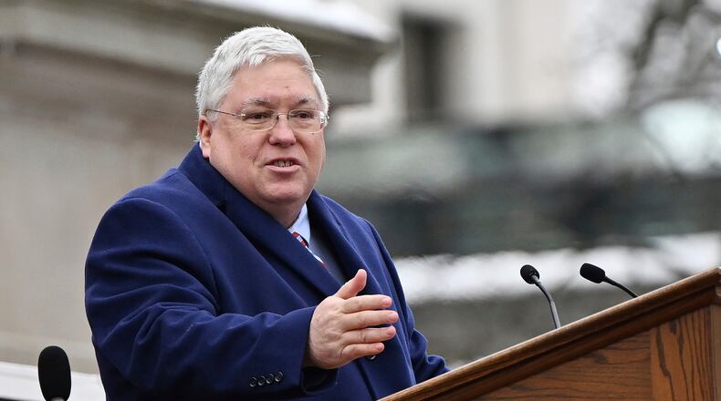 FILE - West Virginia Gov. Patrick Morrisey speaks at the state capitol in Charleston, W.Va., Jan. 13, 2025. (AP Photo/Chris Jackson, File)