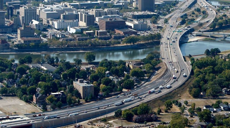 An aerial shot of Interstate 75 through Dayton.