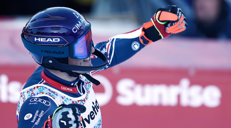 France's Paco Rassat reacts at the finish line during an alpine ski, men's World Cup slalom, in Adelboden, Switzerland, Sunday, Jan. 11, 2026. (AP Photo/Gabriele Facciotti)