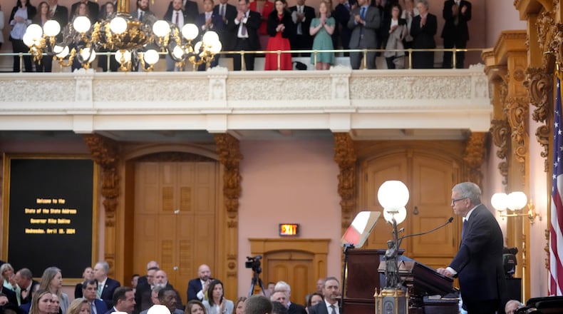 April 10, 2024; Columbus, Ohio, USA; 
Ohio Governor Mike DeWine gives his 2024 State of the State address in the Ohio House chambers at the Ohio Statehouse on Wednesday afternoon.