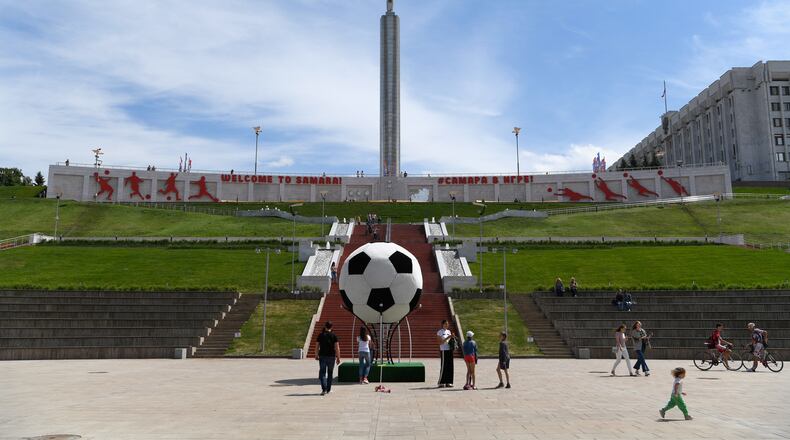 SAMARA, RUSSIA - JUNE 14:  A general view of Football activity infront of the Monument of Glory statue in Samara prior to the 2018 FIFA World Cup i on June 14, 2018 in Samara, Russia.  (Photo by Stu Forster/Getty Images)