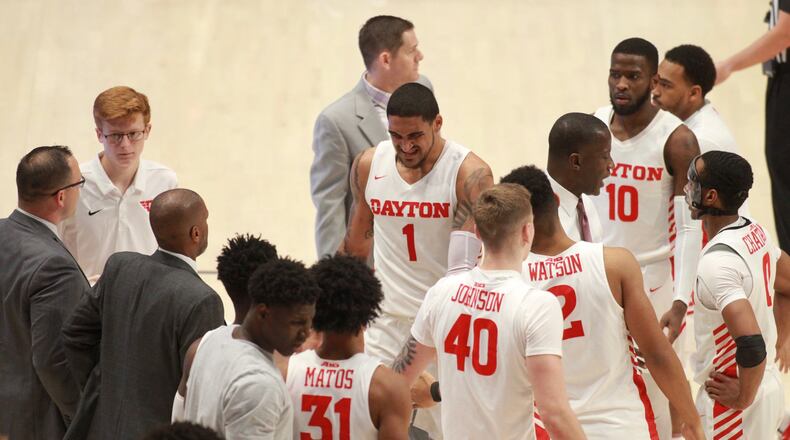 Dayton huddles during a game against Charleston Southern on Saturday, Nov. 16, 2019, at UD Arena. David Jablonski/Staff