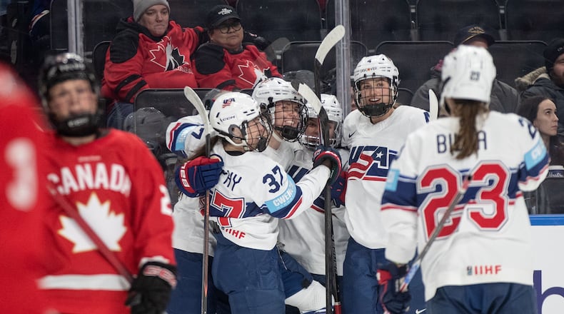 United States players celebrates a goal against Canada during the first period of Rivalry Series game in Edmonton on Wednesday, Dec. 10, 2025. (Jason Franson/The Canadian Press via AP)