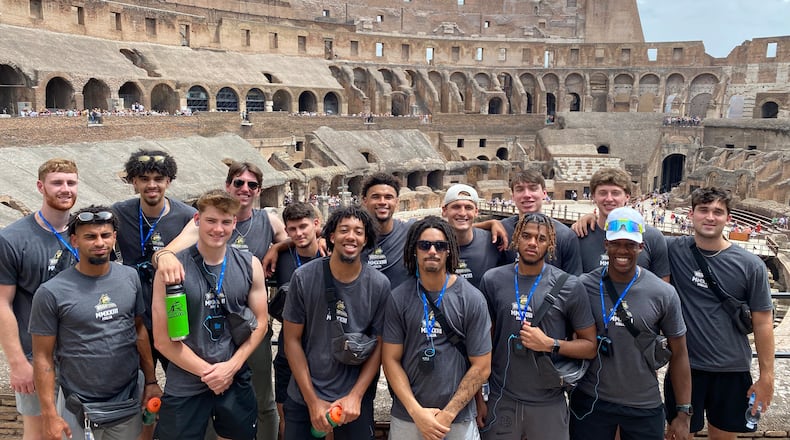 Members of Wright State's men's basketball team this summer at the Colosseum in Rome, Italy. Wright State Athletics photo