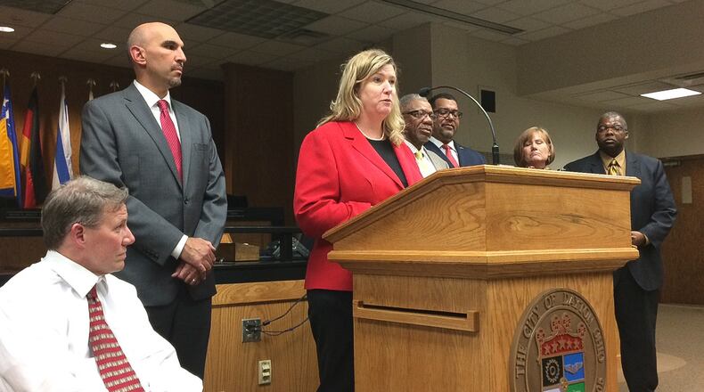 Dayton Mayor Nan Whaley, shown with city commissioners in a photo from October, said the people of Dayton want marijuana decriminalized and said she hopes and expects to see fewer people charged with minor marijuana violations moving forward. CHRIS STEWART / STAFF