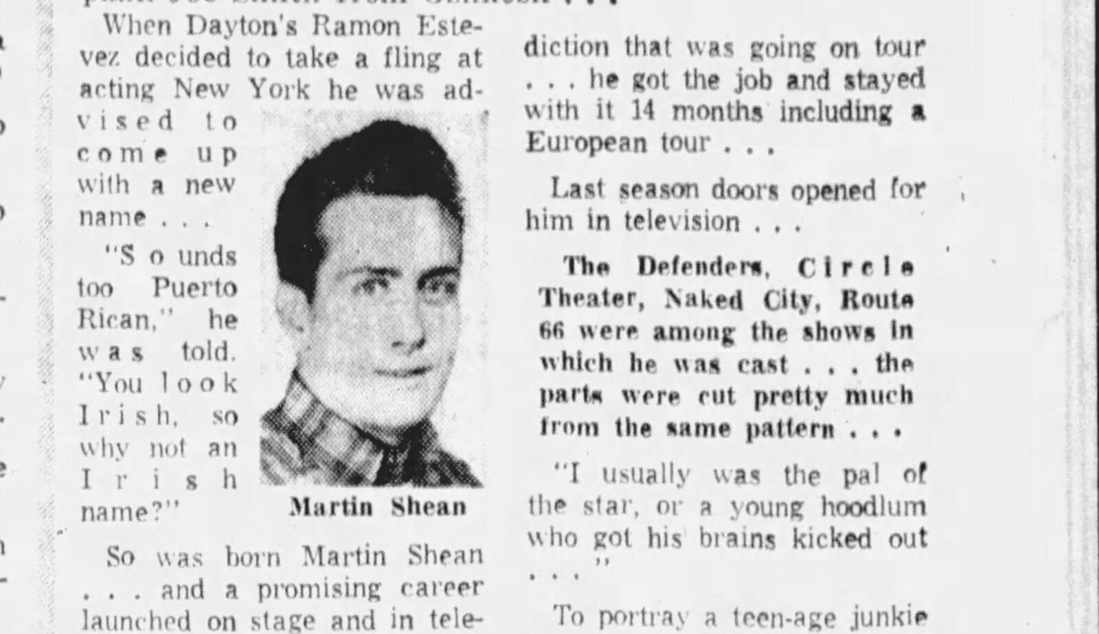 Article about Martin Sheen in an Aug. 20, 1962 edition of the Dayton Daily News.