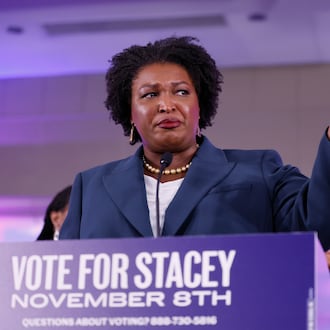 FILE - Stacey Abrams, the Democratic candidate for Governor of Georgia, speaks to supporters on election night watch party at a hotel in Atlanta on Tuesday, Nov. 8, 2022. (Miguel Martinez/Atlanta Journal-Constitution via AP,File)