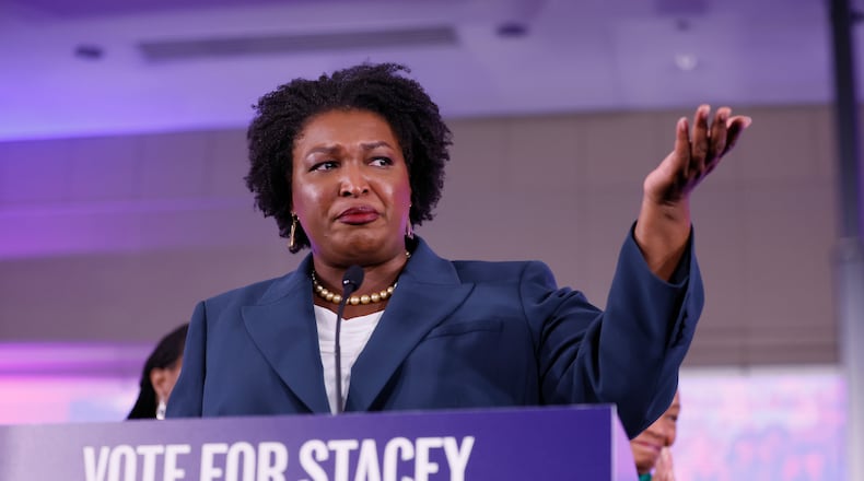 FILE - Stacey Abrams, the Democratic candidate for Governor of Georgia, speaks to supporters on election night watch party at a hotel in Atlanta on Tuesday, Nov. 8, 2022. (Miguel Martinez/Atlanta Journal-Constitution via AP,File)