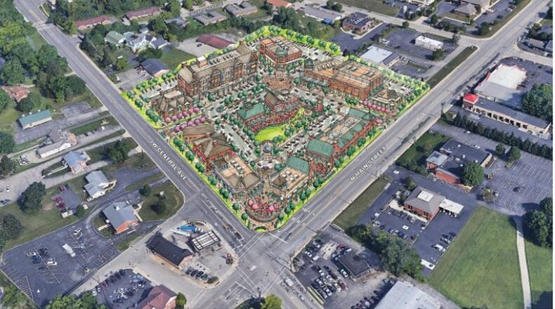 This is a rendering of plans for redevelopment of land on the northwest corner of Springboro’s central crossroads, superimposed on an aerial photo of the surrounding area, according to Google Earth.