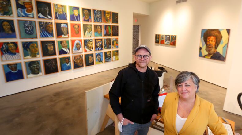 Michael Goodson, curator and director of programs and Eva Buttacavoli, executive director of The Contemporary, are putting the finishing touches on the art centers new home in the Dayton Arcade. A grand opening event will be Friday, April 30. A free opening party for the public will be held from 7 p.m. to 10 p.m. following a members preview event from 5:30 p.m. to 7 p.m. Tours of the new galleries, live music, a photo booth and drinks for donations will be part of the festivities. The Contemporary Dayton has nearly doubled in size to 6,224 square feet at the Dayton Arcade, with five galleries incorporated into the new space. LISA POWELL / STAFF