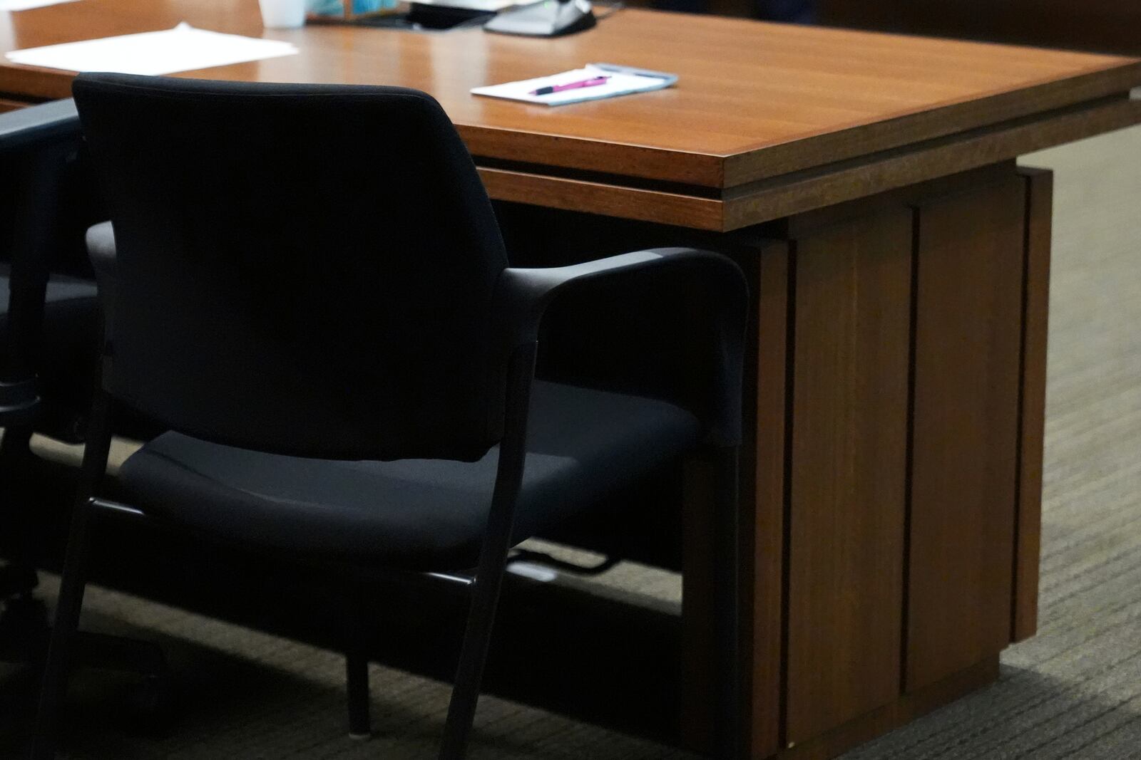 Robert Crimo III, who did not appear, seat is empty at the defense table during the sentencing hearing for Crimo III., at the Lake County Courthouse, in Waukegan, Ill., Wednesday, April 23, 2025. (AP Photo/Nam Y. Huh, Pool)