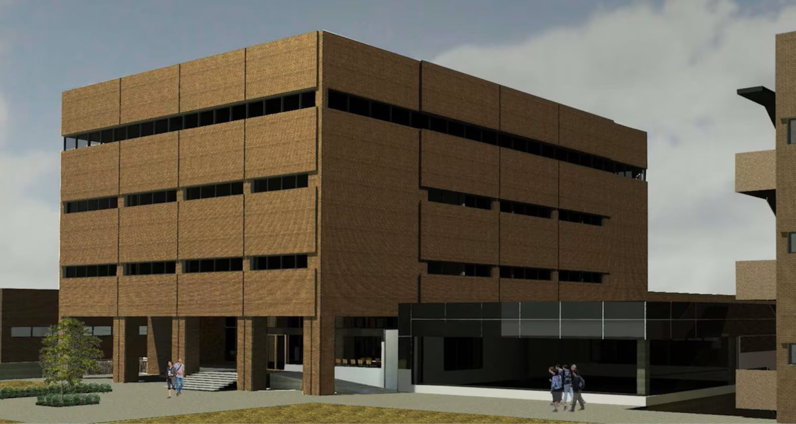 A 2024 Air Force artist's rendering showing the location of the Artificial Intelligence and Machine Learning Research Center Capability Project, next to the main entrance of building 653 at Wright-Patterson Air Force Base.