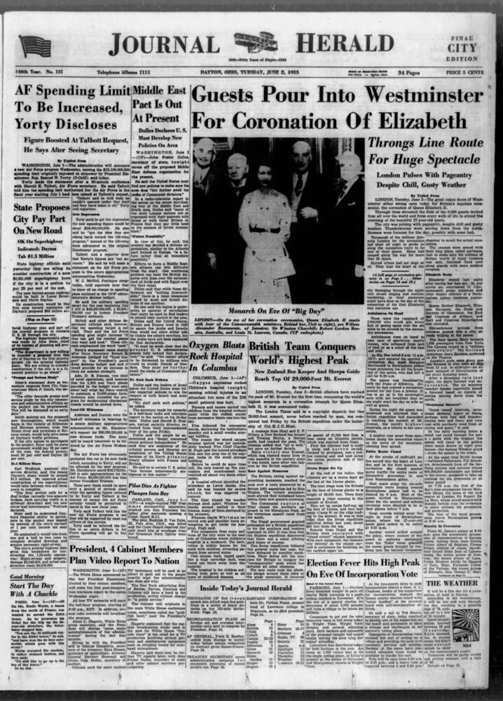 Dayton newspaper pages from Queen Elizabeth coronation