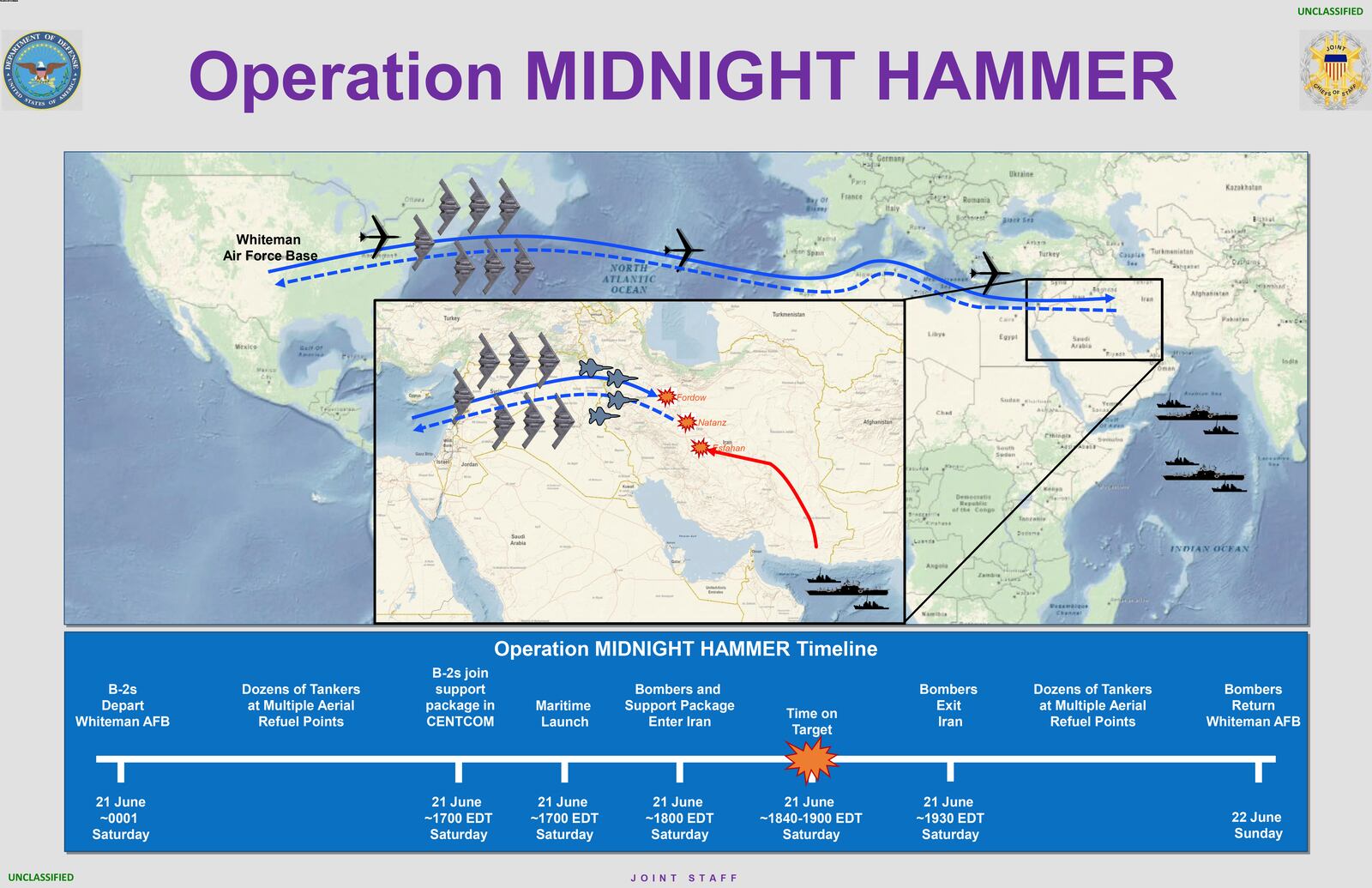 This image provided by the Department of Defense shows a chart that was displayed during a news conference by Defense Secretary Pete Hegseth and Chairman of the Joint Chiefs of Staff Gen. Dan Caine at the Pentagon in Washington, Sunday, June 22, 2025. (Department of Defense via AP)