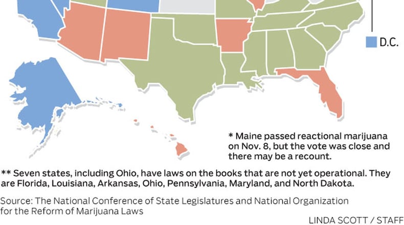 U.S. map showing states with legalized marijuana