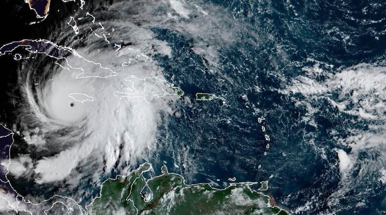 This satellite image provided by the National Oceanographic and Atmospheric Administration shows Hurricane Melissa, Tuesday, Oct. 28, 2025. (NOAA via AP)
