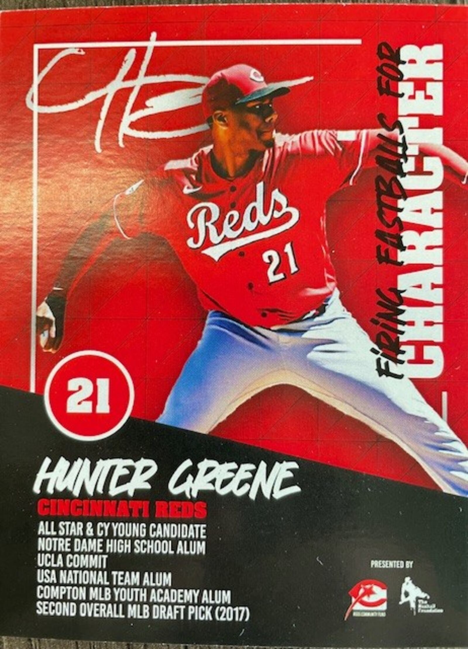 Reds All-Star hurler Hunter Greene will take the mound as starter for the team’s season-opener but this morning hundreds of his specially designed “character cards” were handed out to grade-school students at Fairfield’s Central Elementary. (Provided)