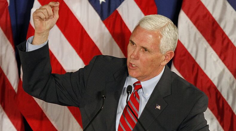 Republican vice presidential candidate, Indiana Gov. Mike Pence speaks at a campaign event at Ashland University in Ashland, Ohio, Tuesday, Oct. 25, 2016. (Tom E. Puskar/The Times Gazette via AP)
