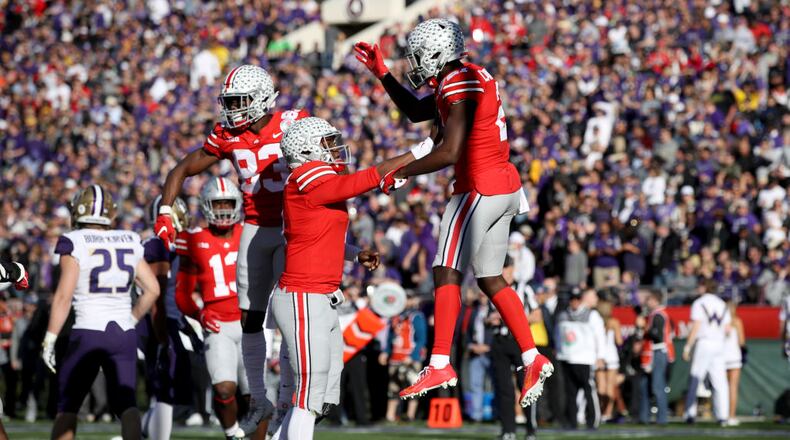 PASADENA, CA - JANUARY 01: Ohio State Buckeyes celebrate a touchdown during the first half in the Rose Bowl Game presented by Northwestern Mutual at the Rose Bowl on January 1, 2019 in Pasadena, California. (Photo by Sean M. Haffey/Getty Images)