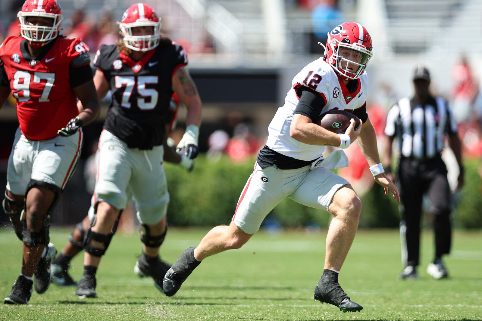 Georgia Black Team quarterback Ryan Puglisi (12) runs with the ball during the NCAA college football team's spring game, Saturday, April 12, 2025, in Athens, Ga. (AP Photo/Colin Hubbard)