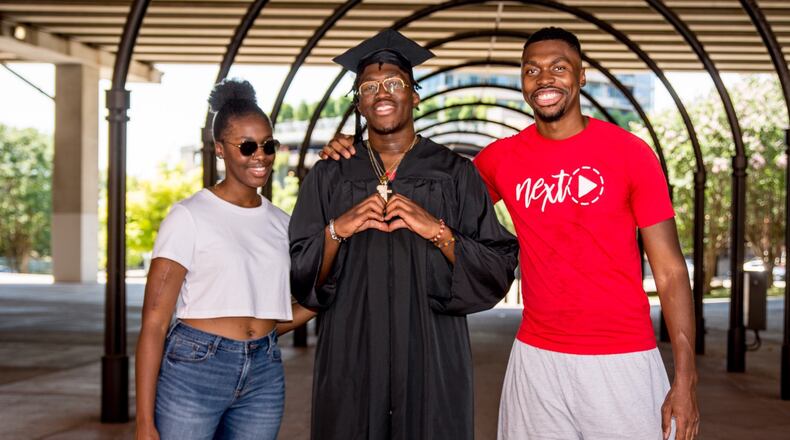 Jordy Tshimanga, the Dayton Flyers, 6-foot-11 senior center is flanked by his sister Florence Tshimanga, the 6-foot-3 senior center at Southern Methodist University and his older brother 7-foot-1 Link Kabadyundi, who played collegiately at Texas Christian University (TCU) and Texas-Arlington…Jordy’s University of Dayton degree will be conferred (with no ceremony due to COVID 19) on Monday Aug. 10. CONTRIBUTED