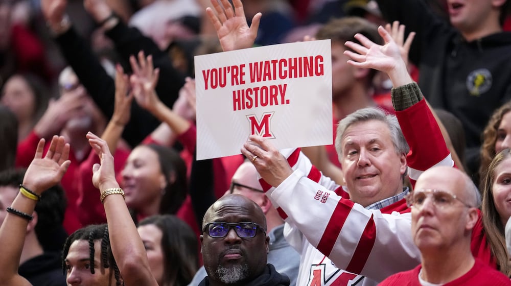 Miami (Ohio) fans look on during the first half of an NCAA college basketball game against Bowling Green, Friday, Feb. 20, 2026, in Oxford, Ohio. (AP Photo/Jeff Dean)