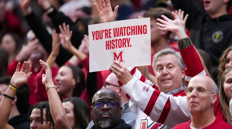 Miami (Ohio) fans look on during the first half of an NCAA college basketball game against Bowling Green, Friday, Feb. 20, 2026, in Oxford, Ohio. (AP Photo/Jeff Dean)