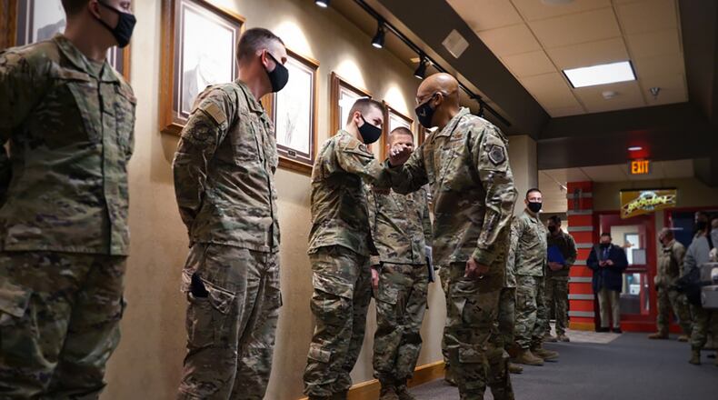 Air Force Chief of Staff Gen. Charles Q. Brown Jr. meets with outstanding Airmen of the 319th Reconnaissance Wing at Grand Forks Air Force Base, North Dakota, Feb. 17. The Airmen were nominated by their leadership, leading by example and for exceptional work in their duties across the base. U.S. AIR FORCE PHOTO/STAFF SGT. ELORA J. MCCUTCHEON