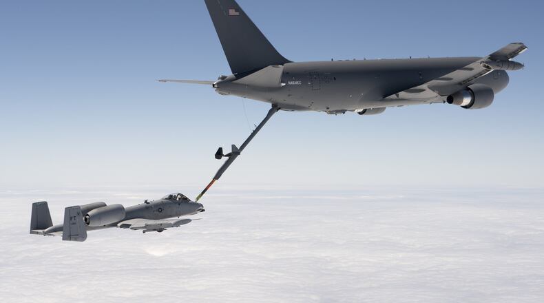 KC-46 Pegasus refuels a A-10 attack plane. CONTRIBUTED